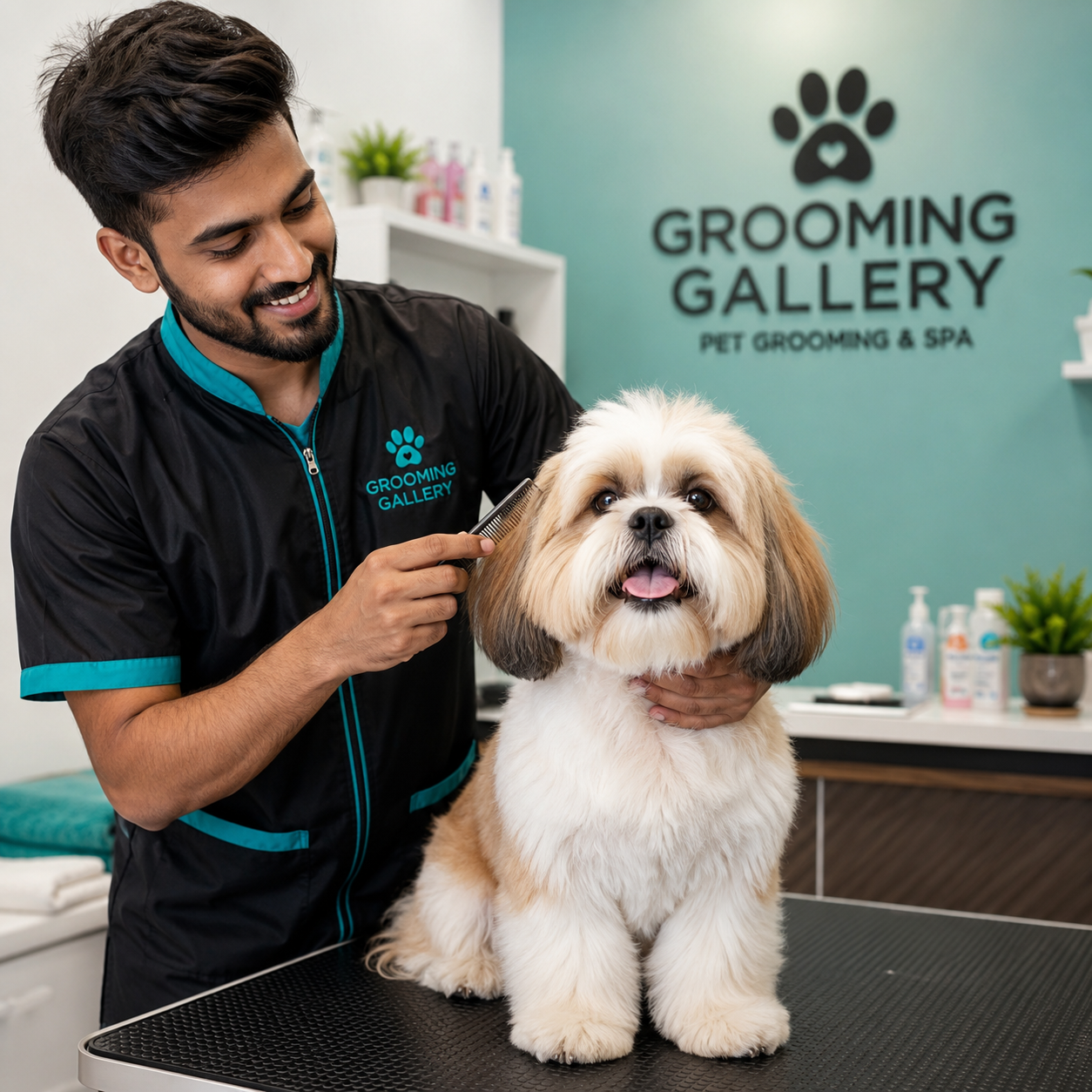 A beautifully groomed fluffy dog in a luxury pet salon